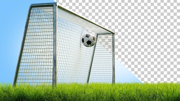 Soccer ball in the goal on a grass field Ball hits the goal on a blue background Soccer ball in the goal net 3d render