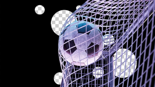 Soccer ball hits the goal isolated Ball in the net of a football goal night lighting 3D Render