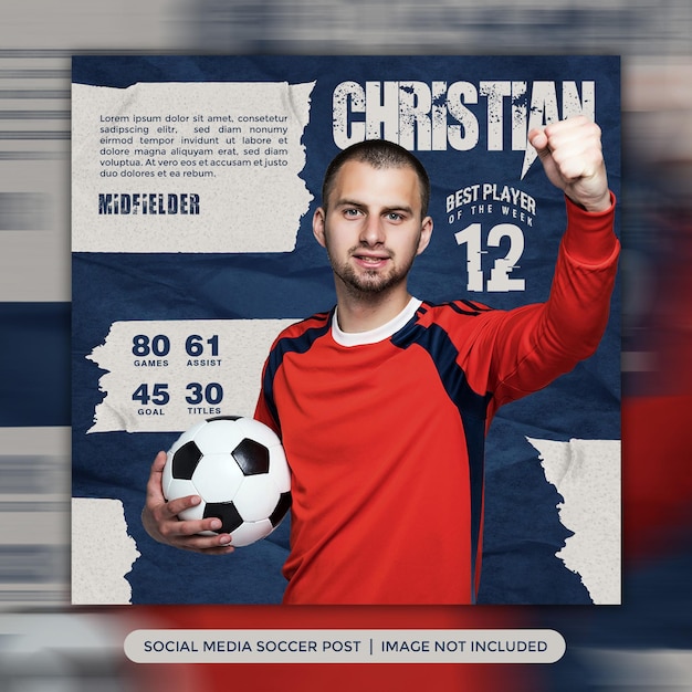 Soccer best player social media post or web banner soccer template design red blue background