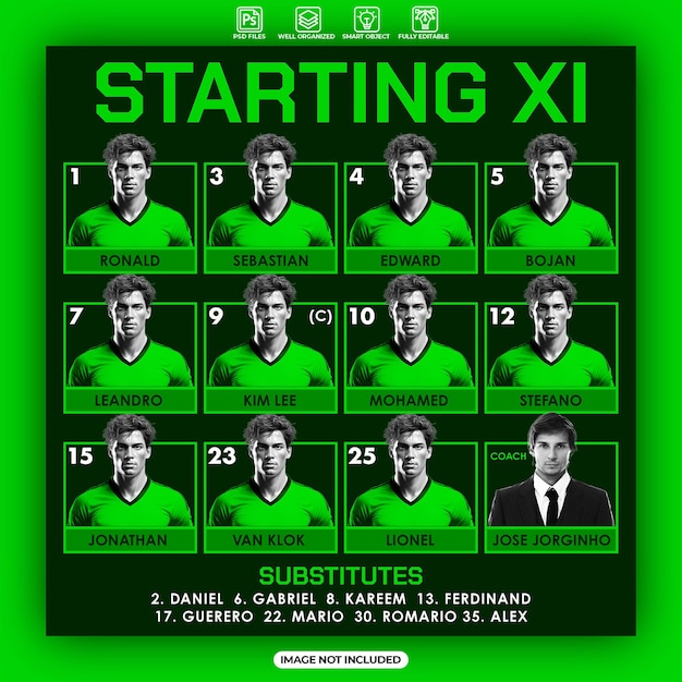 PSD soccer match starting xi design template