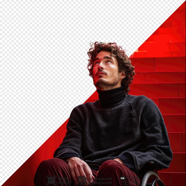 social issues in the digital age a man with curly hair sits in front of a red wall wearing red pants and holding a hand up to his face png