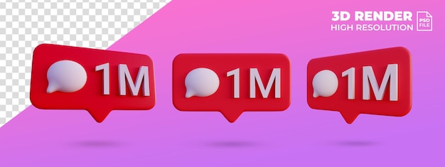 Social media 1 million comment icon notification 3d render isolated