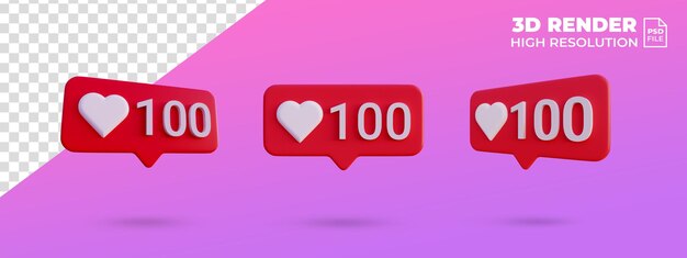 Social media 100 like love icon notification 3d render isolated