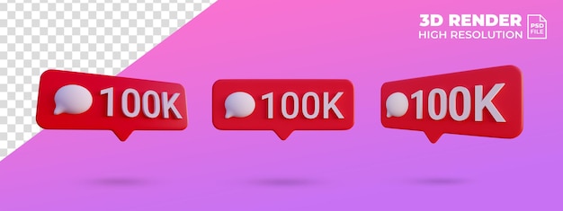 Social media 100k comment icon notification 3d render isolated