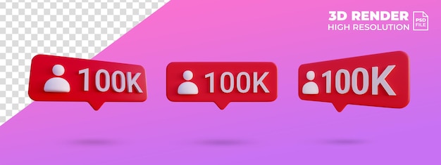 Social media 100k follow icon notification 3d render isolated