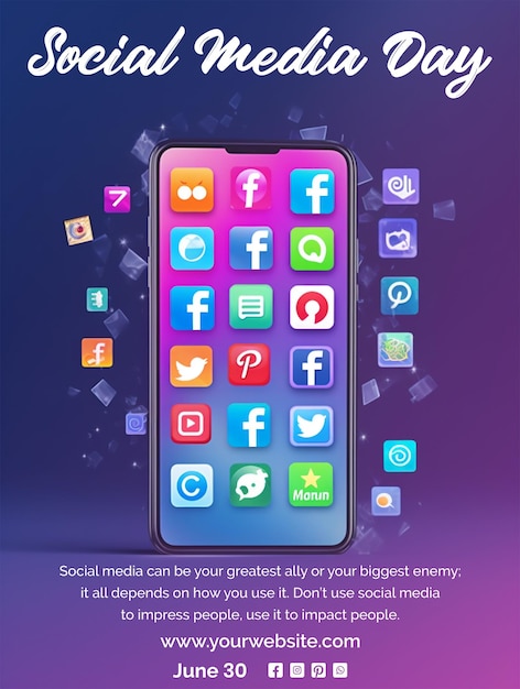 PSD social media day concept smartphone with different social icons on purple texture background