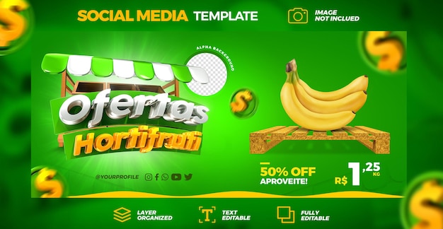 Social media Hortifruti Offers promotion instagram banner post template 3d render premium psd