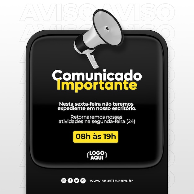 Social media important announcement with megaphone icon 3d render in brazilian portuguese