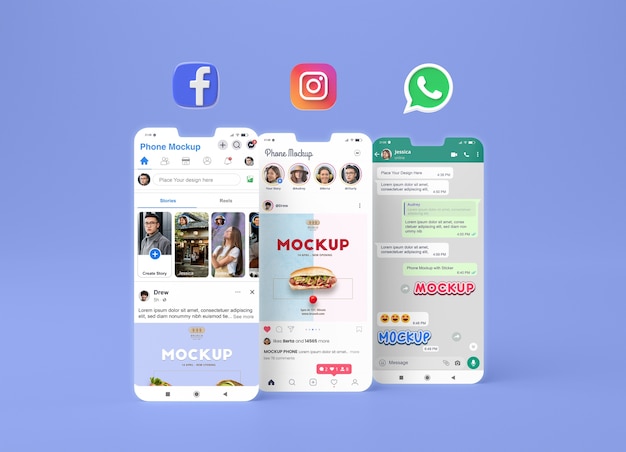 Social media interface with different app screens