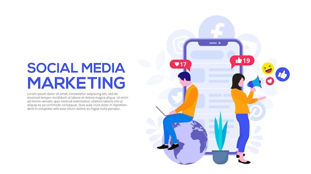 Social media marketing design concept with people and smartphone Flat illustration