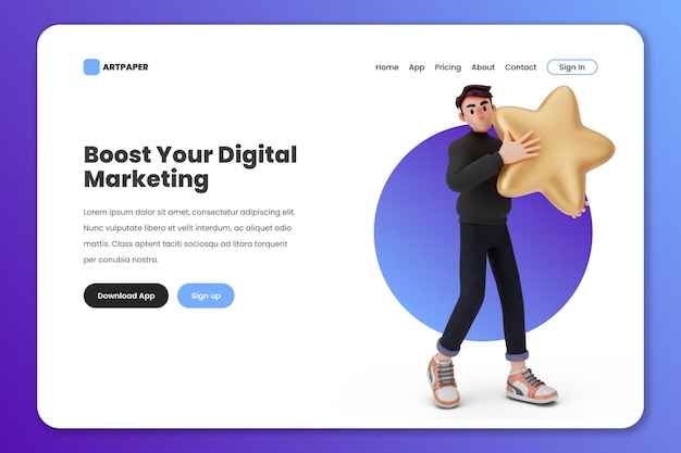 PSD social media marketing landing page or web design with 3d male character cartoon illustration