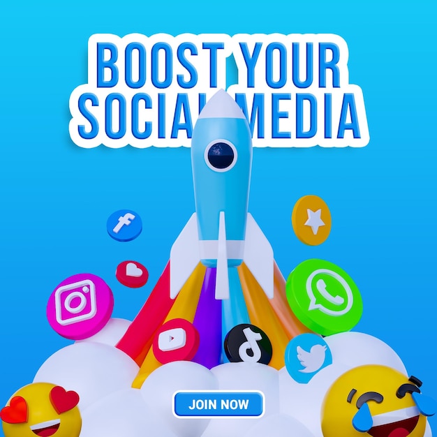 Social media marketing template with 3d cartoon illustration rocket