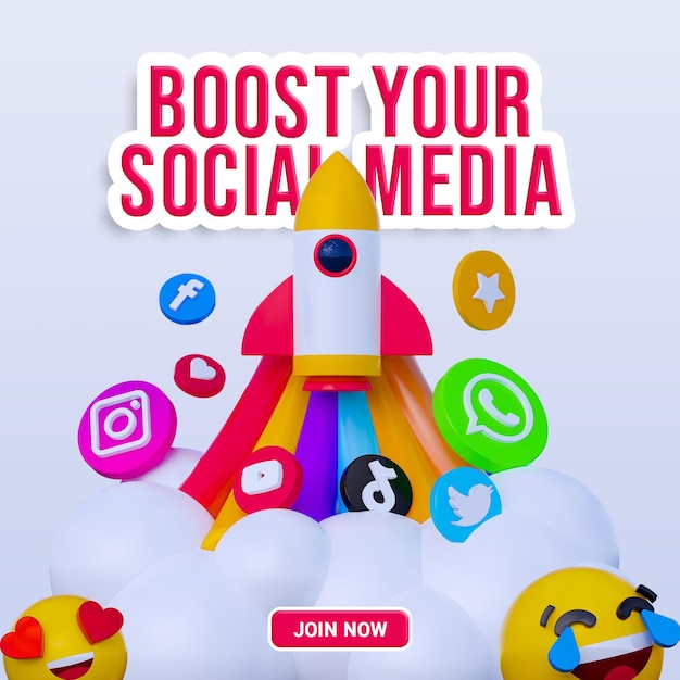 Social media marketing template with 3d cartoon illustration rocket