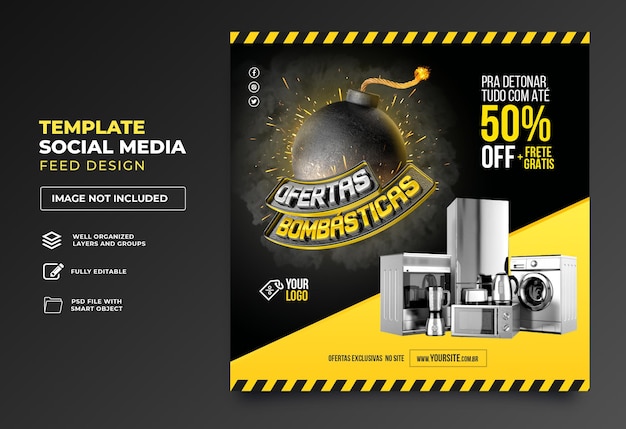 Social media post bombastic offers in portuguese 3d render for brazil marketing campaign