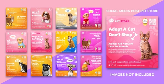 Social media post collection for pet store adoption with dog and cat