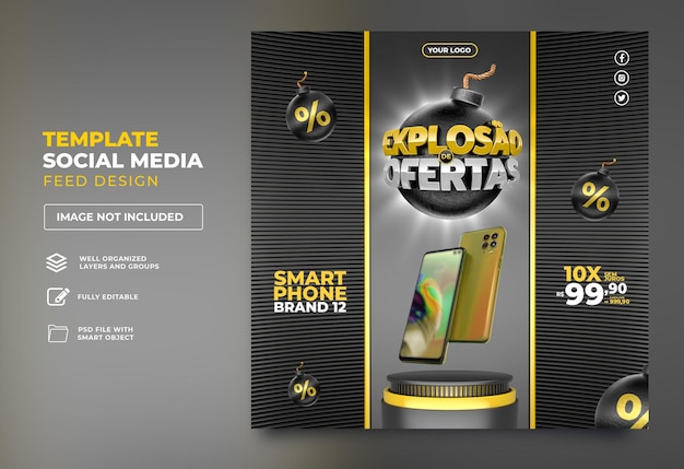 Social media post explosion of offers in portuguese 3d render for brazil marketing campaign