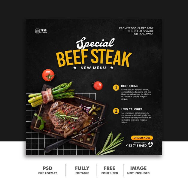 PSD social media post food for restaurant steak template banner