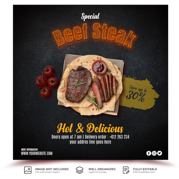 PSD social media post food for restaurant steak template banner