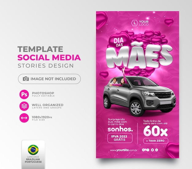 social media post mother's month offers in 3d render for a car shop in brazilian portuguese