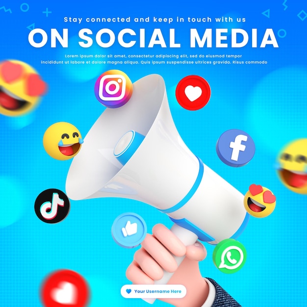 Social media post template with social networking logos and icon around 3d megaphone