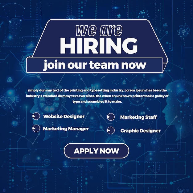 Social media post for we are hiring job vacancy square banner