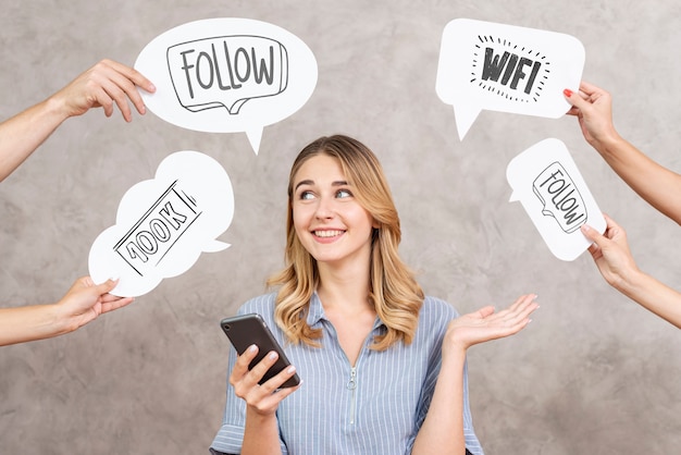 PSD social media speech bubbles surrounding a woman