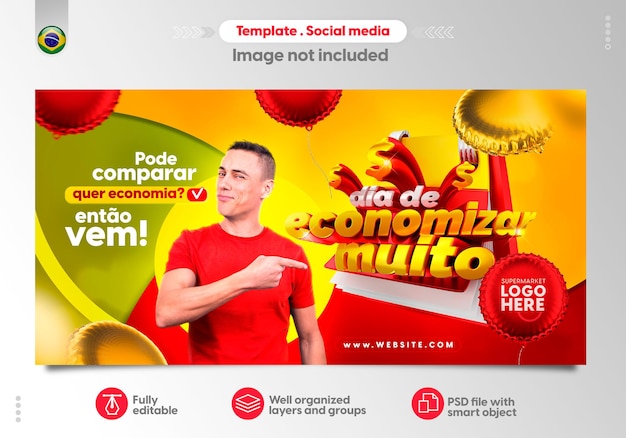 Social media template in portuguese for super market and retail sales campaign day of saving a lot