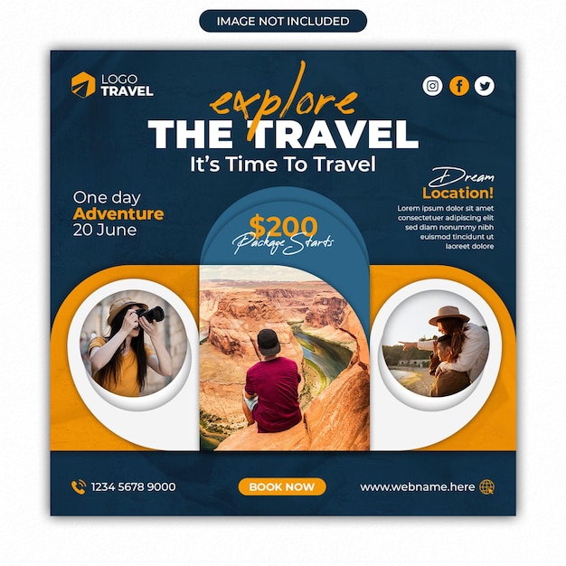 Social media travel tour post or travelling business promotion square banner template