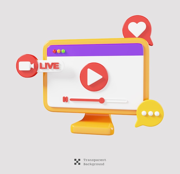 Social media with live streaming and comment on PC desktop isolated Video and multimedia icon 3d