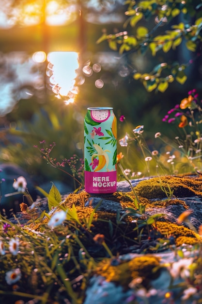 PSD soda can mockup with fruits