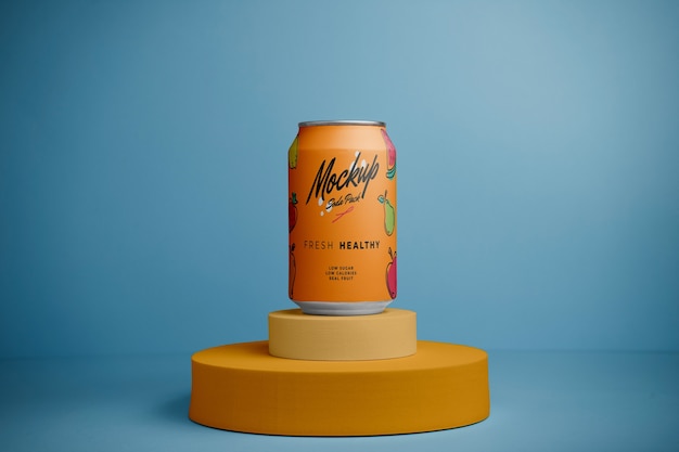 Soda can packaging on podium