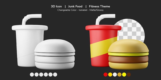 soda drink and burger junk food 3d icon illustration diet theme