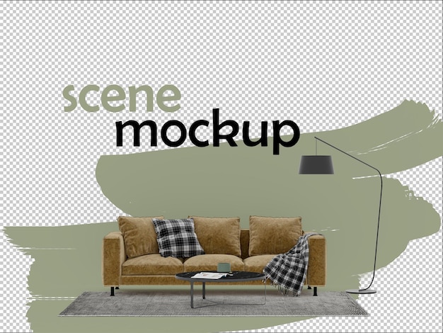 Sofa coffee table and lamp 3d mockup