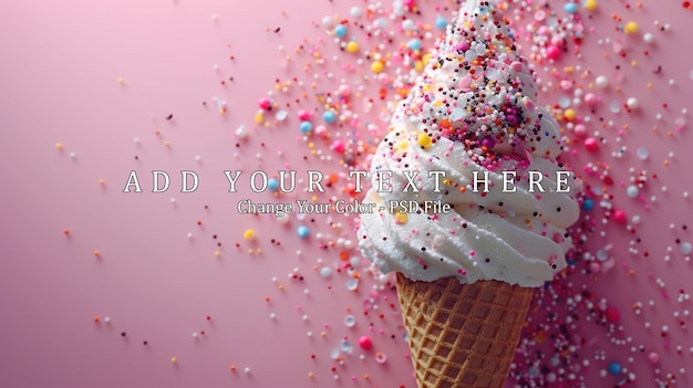 PSD soft serve ice cream cone with sprinkles on a pink background