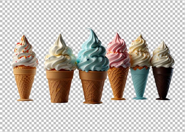 PSD soft serve ice cream png element set of various colorful cone isolated on transparent background