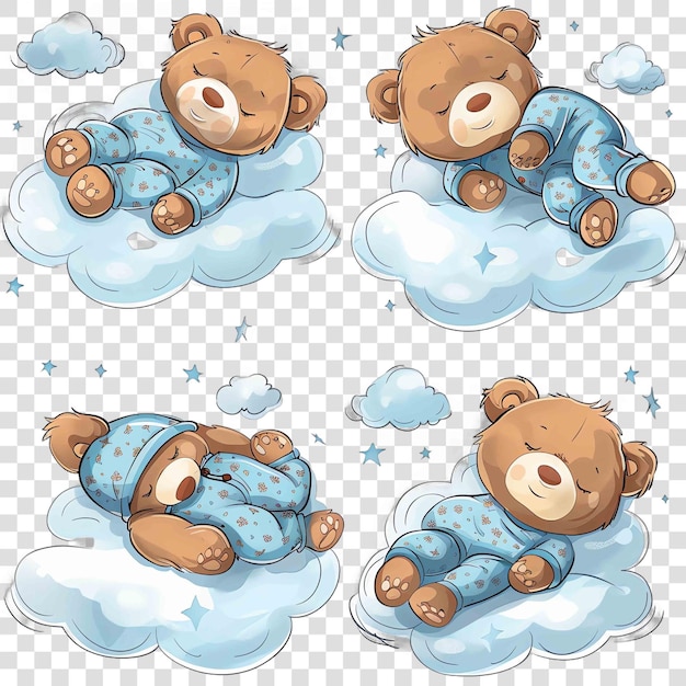 PSD soft and sweet male teddy bear in pajamas sleeping cozy on a cloud watercolon transparent background