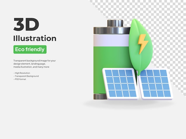 Solar panel energy battery icon with green leaf eco friendly power symbol 3d render illustration