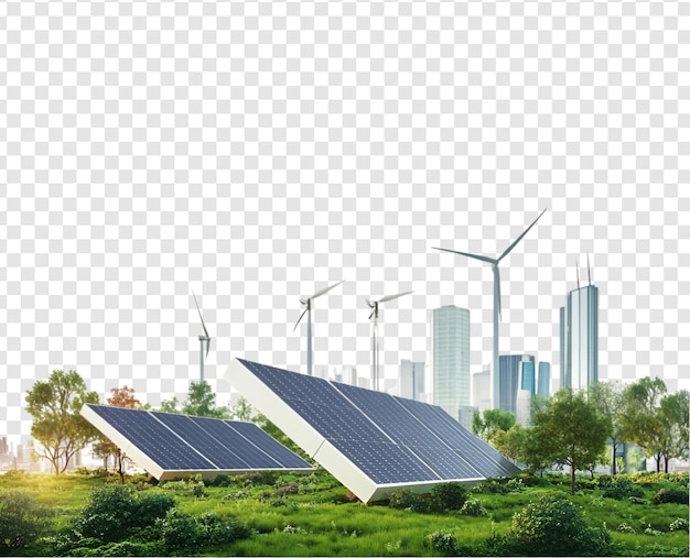 PSD solar panel house with wind turbines and city skyline on a transparent background