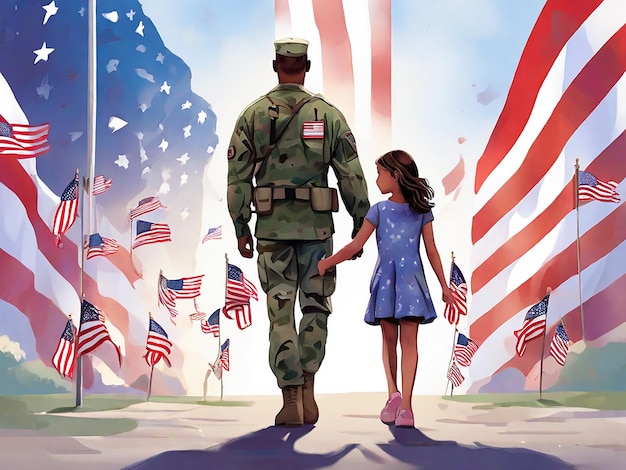 A soldier and his daughter are holding hands and says Veteran Day