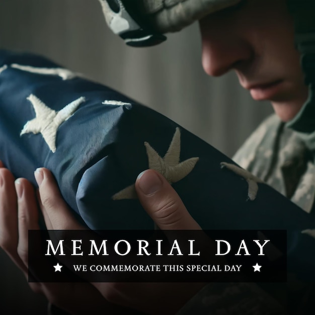 A soldier holds his hand out to a memorial day poster