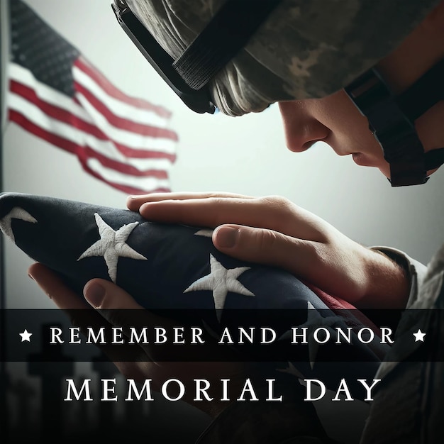 A soldier holds his hand out to a memorial day poster