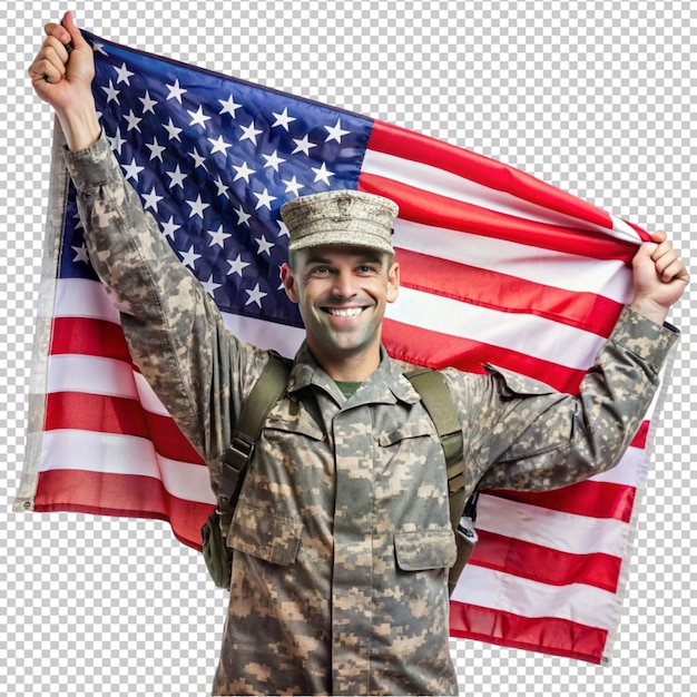 PSD soldier and usa flag concept national holidays on transparent background