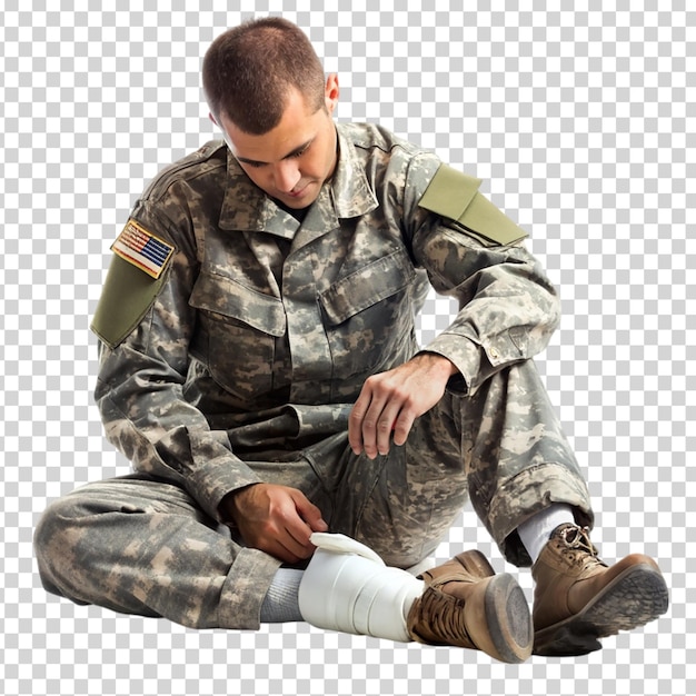 PSD a soldier with a broken leg sitting on transparent background