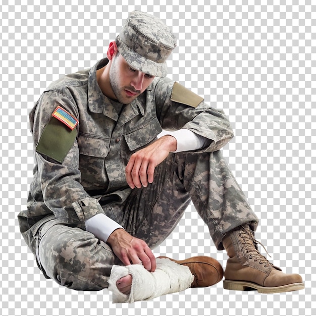 A soldier with a broken leg sitting on transparent background