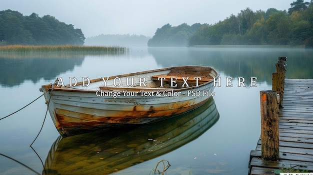 PSD solitary boat on a misty lake