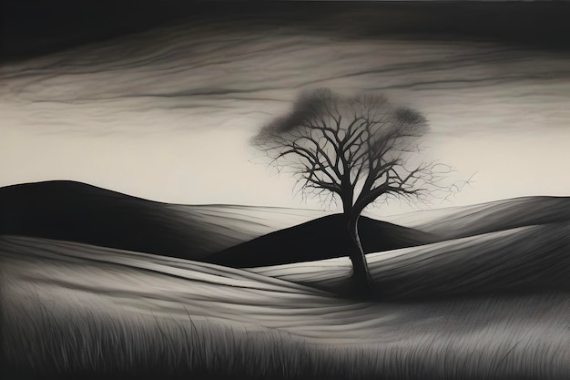 Solitary tree crowns rolling hillside landscape