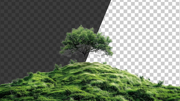 Solitary tree on a rolling green hill on transparent background stock png