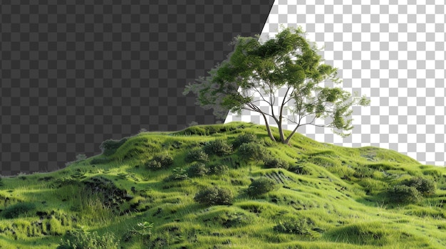 Solitary tree on a rolling green hill on transparent background stock png