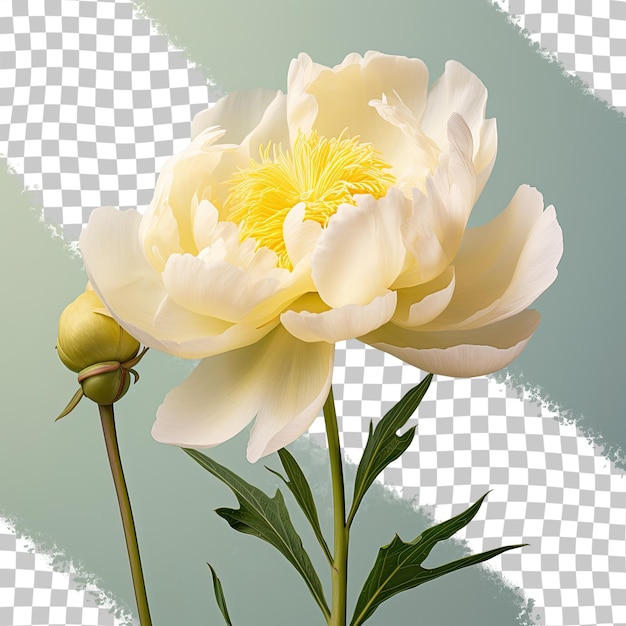 A solitary white peony in bloom set against a transparent background