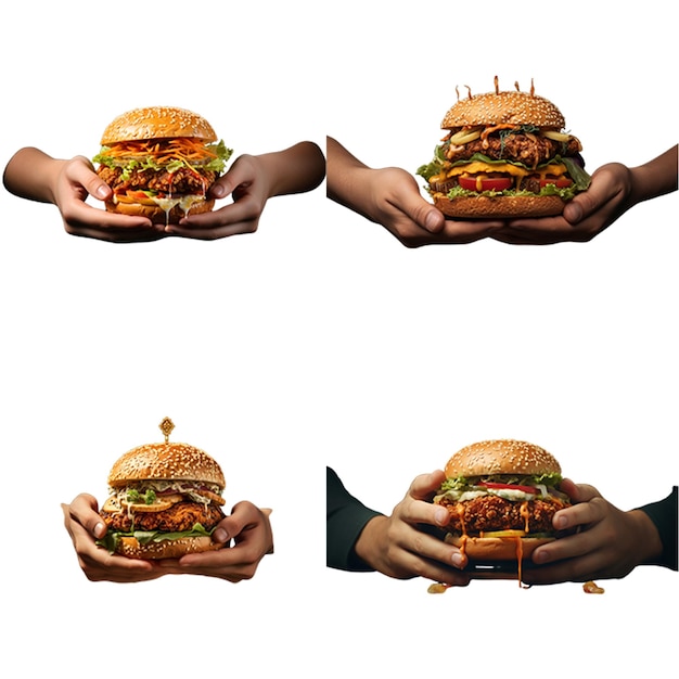 PSD someone is holding a chicken burger using both hands with a crispy coating